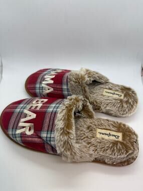 Dearfoams Mama Bear Plaid Clog Slipper Women's US 9-10 Red Faux Fur Slip On